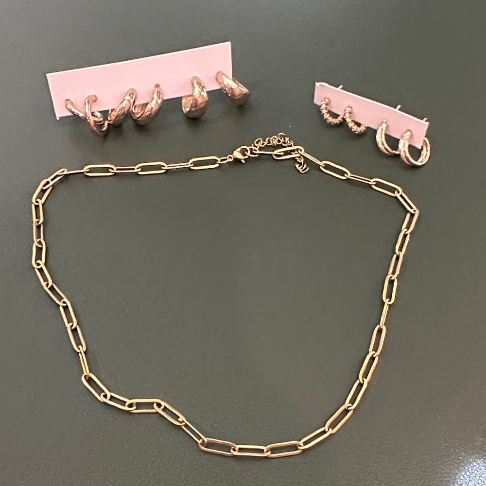 Gold Link Chain Necklace with Matching Hoop Earring Set